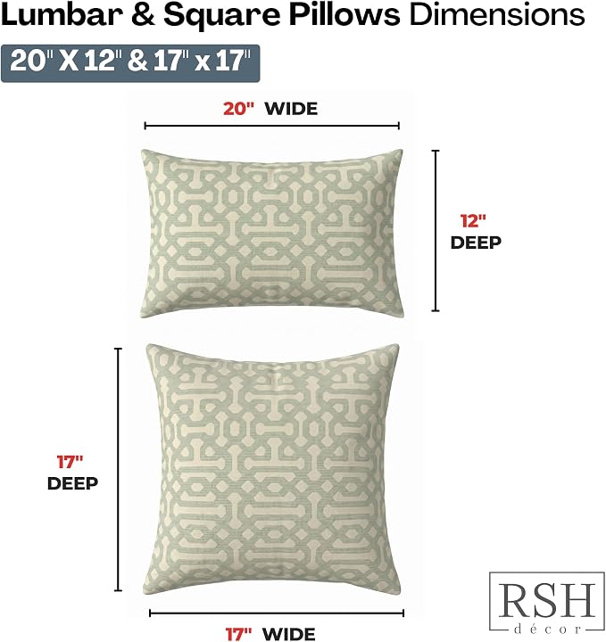 RSH DECOR: Sunbrella Lumbar & Square Pillows Set of 4 | 20" x 12" & 17" x 17" | Water and Fade-Resistant Performance Fabric | Outdoor Throw Pillows for Patio Furniture | Made in USA (Fretwork Mist)