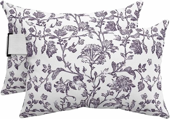 Pack of 4 Outdoor Lumbar Pillow Covers 12x20 Inch, Purple Flower Waterproof Throw Pillow Covers Set, Vintage Farmhouse Boho Leaf Spring Plant Indoor&Outdoor Cushion Cases for Patio Porch Beach