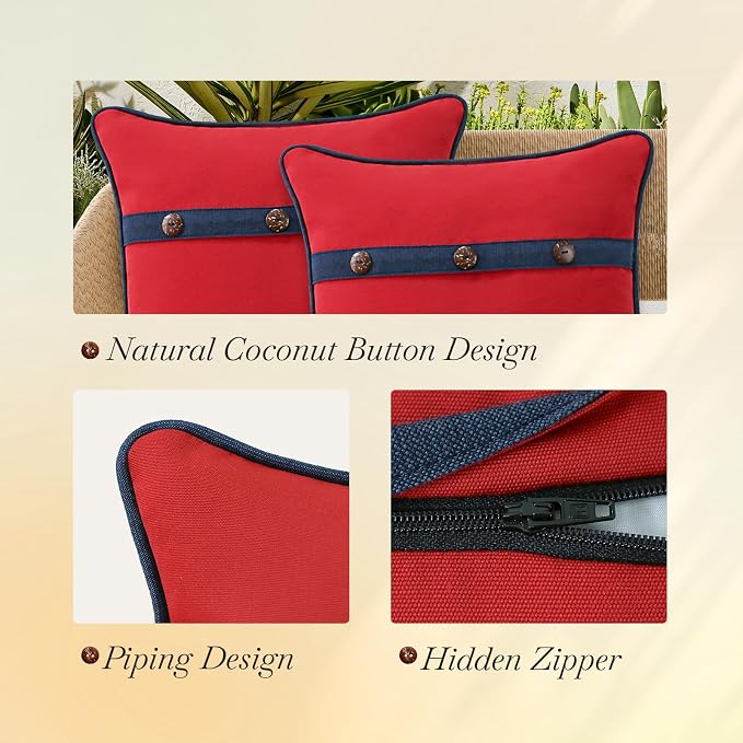 Outdoor Sunbrella Decorative Pillows with Triple Coconut Buttons Pack of 4, 18" x 18" Outdoor Pillow Set for Couch Bed Throw Patio Sofa, Canvas Logo Red/Specrtum Indigo
