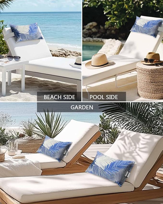 Outdoor Pillows Waterproof Covers Set of 2, Navy Blue Palm Leaves Adjustable Elastic Chaise Lounge Head Resting Pillows, Tropical Leaf Plant Lumbar Pillow for Pool Beach Patio Furniture 20x12 Inch