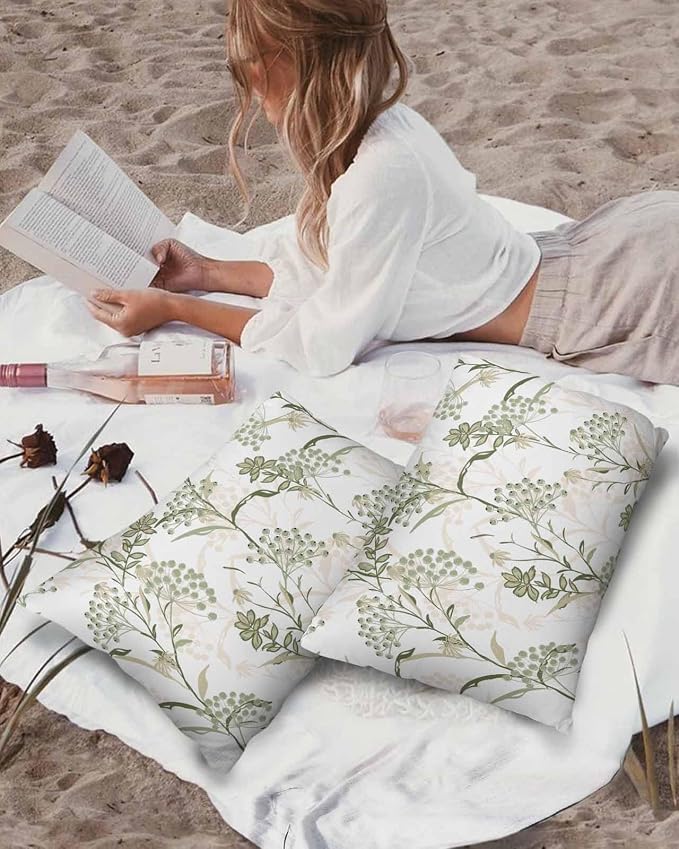 Outdoor Waterproof Throw Pillows Pastoral Sage Green Herbs Plant Patio Pillows Pack of 1,Decorative Pillow Covers with Insert,Pillow Cushion Case for Garden Couch Sofa Botanical Leaf on White
