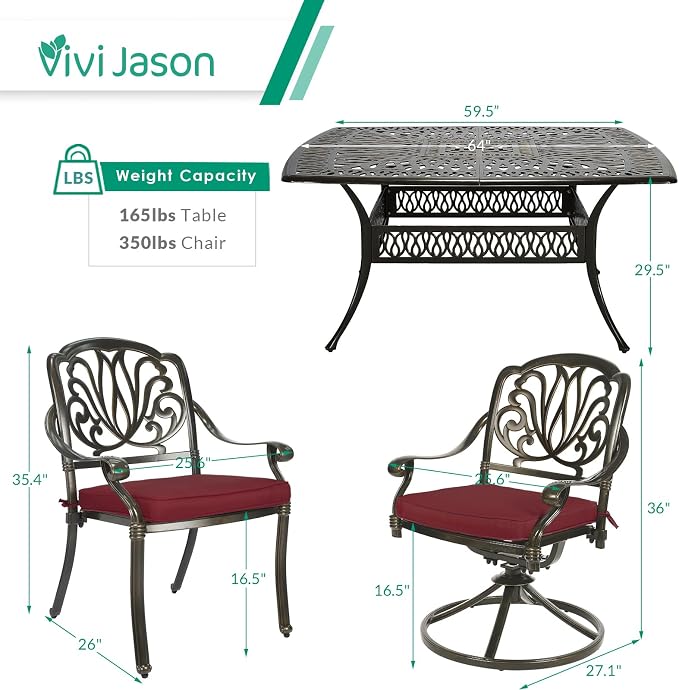 VIVIJASON 9-Piece Outdoor Furniture Dining Set for 8, Cast Aluminum Patio Table and Chairs Set with 6 Stationary Chairs, 2 Swivel Rocker Chairs, 64" Large Square Dining Table, Umbrella Hole, Red