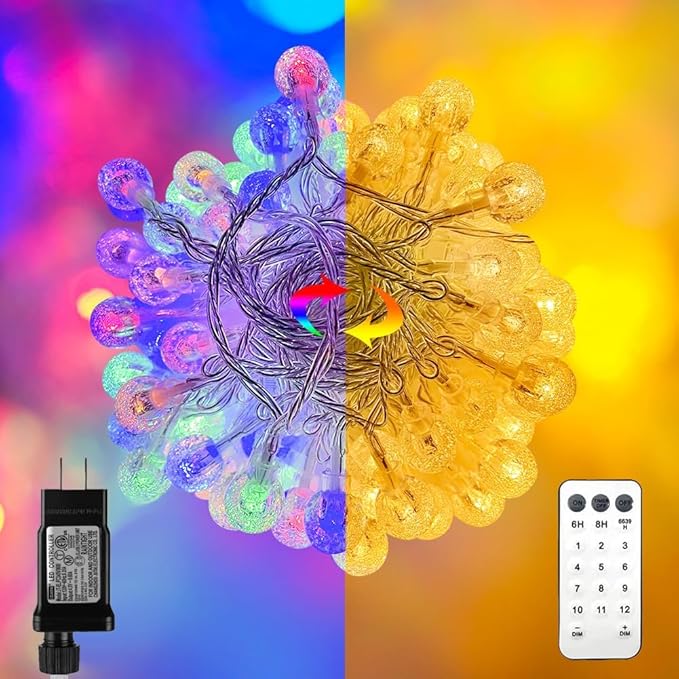RaThun 116ft Color Changing String Lights, 200 LED Multicolor & Warm White Crystal Globe Lights with Remote, 11 Modes, IP44 Waterproof, Plug in Fairy Lights for Indoor Outdoor Christmas Party Garden