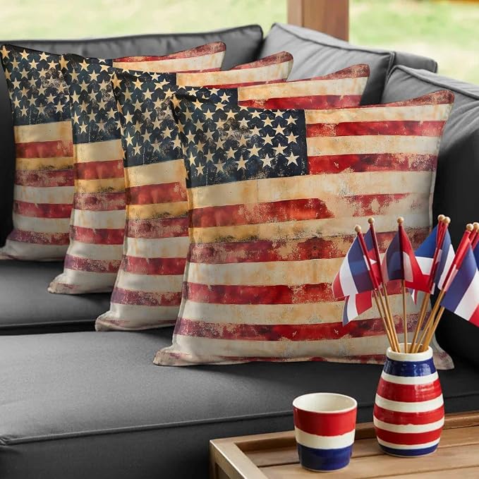 Independence Day Outdoor Pillow Covers 18"x18" Set of 2, Retro Country American Flag Waterproof Throw Pillow Covers for Patio Furniture, Decorative Cushion Covers for Porch
