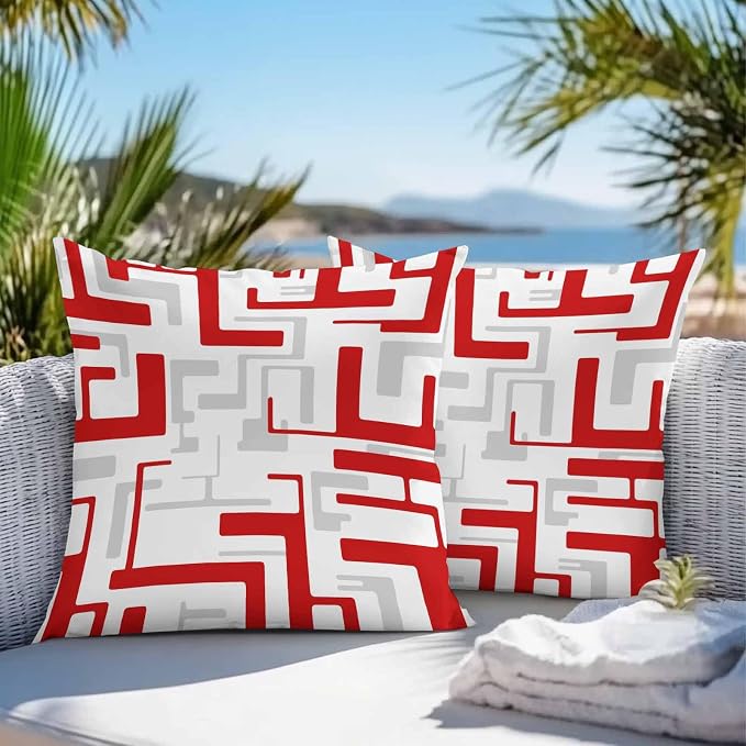 Vandarllin Outdoor Throw Pillows Covers 20x20 inch Set of 2 Waterproof Red Geometric Stripes Decorative Zippered Cushion Covers for Patio Furniture, Modern Abstract Lines Lumbar Pillowcases