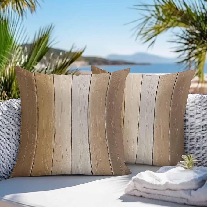 Throw Pillow Covers 16x16 Inch Set of 2, Brown Ombre Waterproof Outdoor Cushion Covers, Vintage Country Wooden Decorative Pillowcases for Couch, Sofa, Bed, Garden, Patio