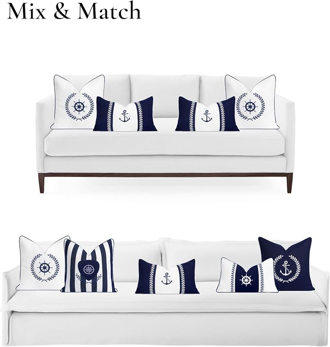 Hofdeco Premium Coastal Patio Indoor Outdoor Throw Pillow Cover Only, 18"x18" Water Repellent for Backyard, Couch, White Embroidered Nautical Yacht Wheel