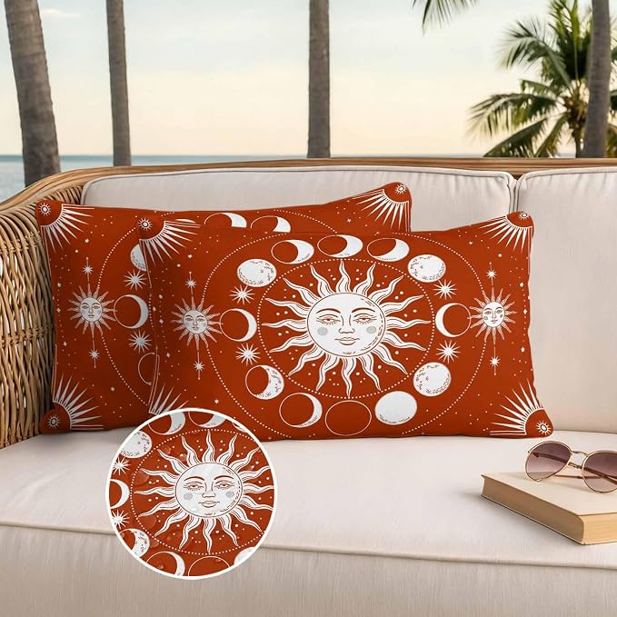 Celestial Sun and Moon Waterproof Outdoor Pillow Covers Set of 2 Home Decor, Burnt Orange Starry Galaxy Boho Lumbar Pillowcase Patio Pillow Covers for Couch Bench Patio Furniture Garden 20x12in