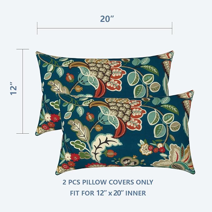 LVTXIII Outdoor Lumbar Pillow Covers Only Set of 2 Patio Decorative Pillow Cases, Water Repellent Lumbar Cushion Cases for Sofa, Patio Couch Garden Use, 12x20 Inch, Peacock Blue