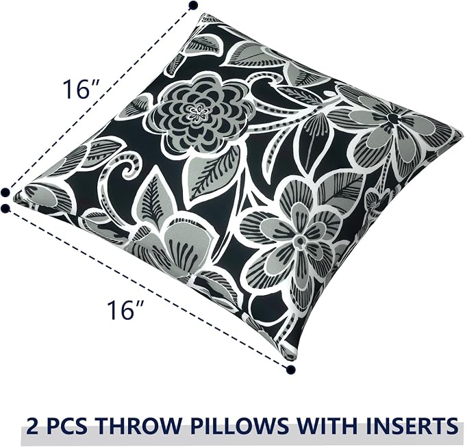 Outdoor Pillows for Patio Furniture 16x16 inch, Square Outdoor Throw Pillows with Inserts, Decorative Patio Pillows for Garden Couch Home Sofa Office Chair, Pack of 2,Flower Black
