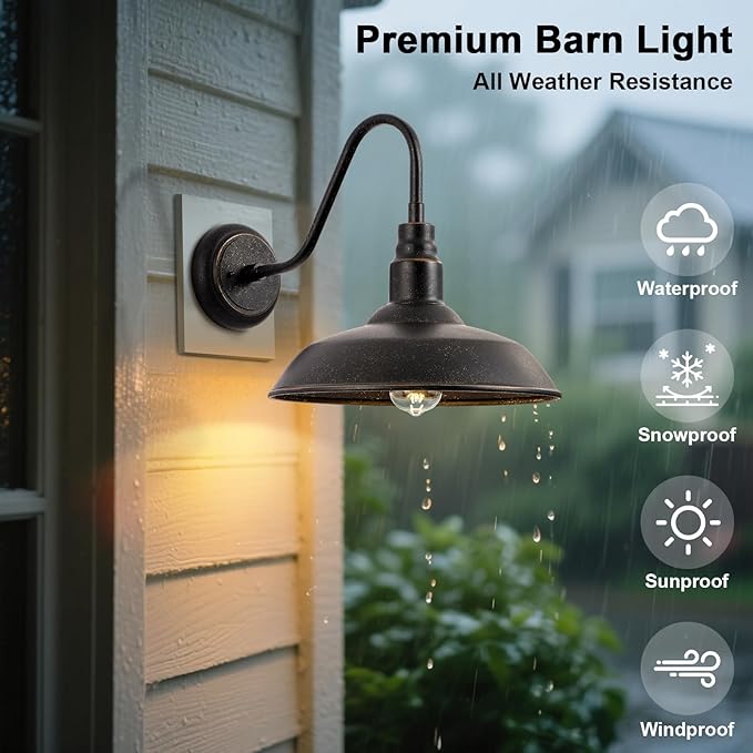14in Outdoor Gooseneck Barn Light for Garage, 2 Pack Bronze Exterior Wall Lights Fixture for Porch, Outside Farmhouse Wall Sconce for Patio, Cabin, Entryway