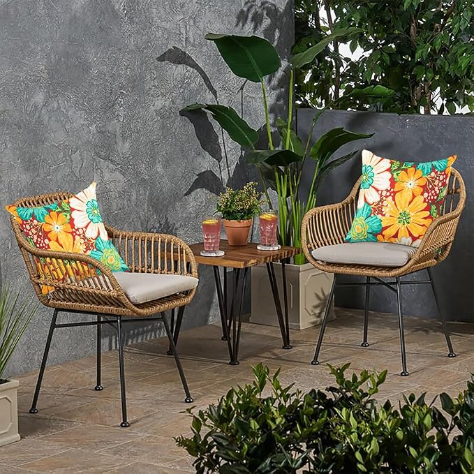 Magpie Fabrcis Pack of 2 Outdoor Waterproof Throw Pillow with Insert 18 x 18 Inch, Christmas Decorative Back Cushion Pad for Garden Patio Tent Balcony Couch Sofa (Embry Red Hibiscus)