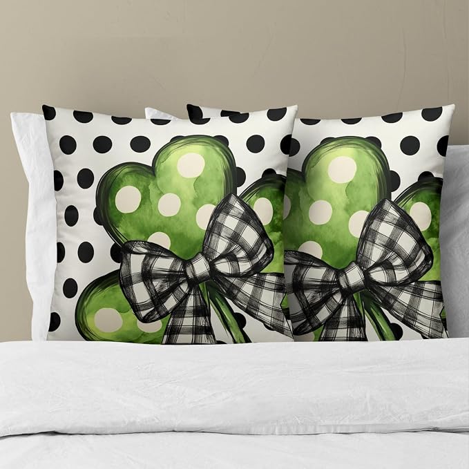 St Patricks Day Throw Pillow Covers 18x18 Inch – Set of 2 Black White Dot Green Shamrock Clover Pillow Covers Holiday Spring St Patricks Decorative Pillow Cases for Bed Couch Sofa
