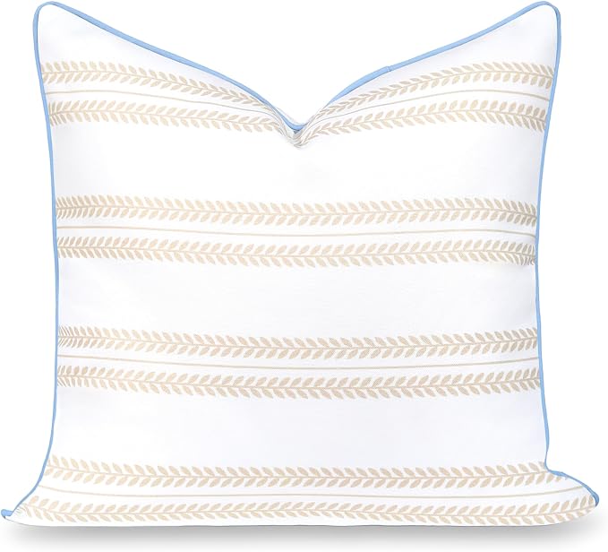 Hofdeco Premium Coastal Hampton Patio Indoor Outdoor Throw Pillow Cover Only, 22"x22" Water Repellent for Backyard, Couch, Poolside, Neutral Tan Blue Print Leaf Striped