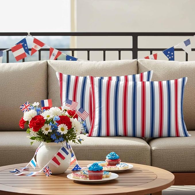 Outdoor Pillow Covers Set of 2, USA Independence Red Blue White Stripe Decor Throw Pillow Covers 20X12IN, President's Flag Day Throw Pillows Protector Cushion Case for Patio,Couch,Sofa,Garden