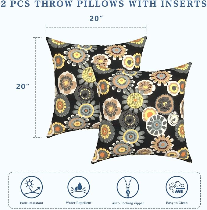 LVTXIII Outdoor Throw Pillows, Decorative Throw Pillows with Inserts, 20"x20" Square Pillows for Bed, Couch, Sofa and Patio Furniture, Set of 2, Black Yellow Crosby