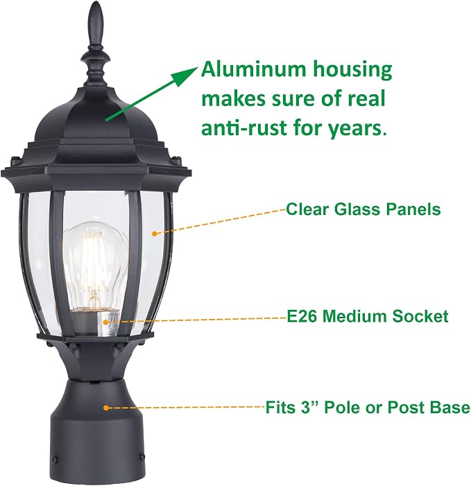 Outdoor Post Light, Rustproof Aluminum Pole Lamp, Black | Exterior Lamp Post Light Fixture for Garden, Yard, Pathway, Waterproof, Glass, E26 Base, Max 60W, 2 Pack