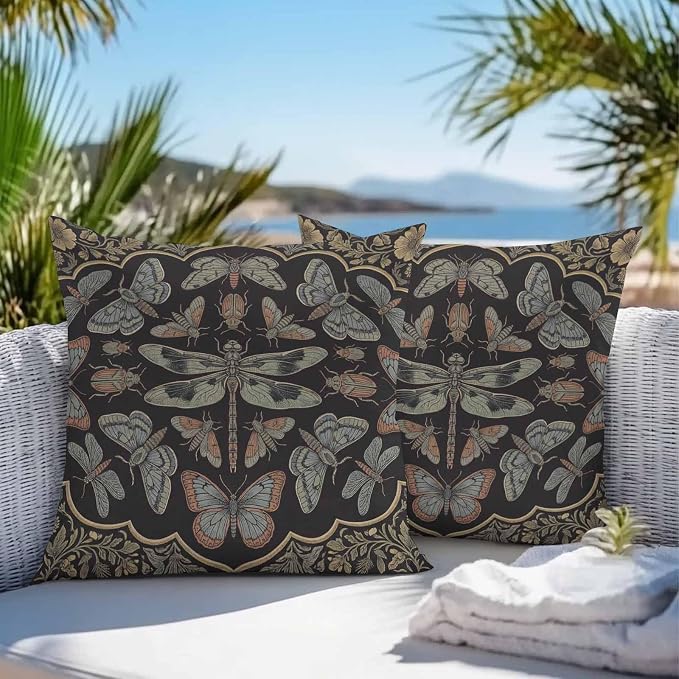 Vintage Dragonfly Outdoor Waterproof Throw Pillow Covers 16 x 16 Inches Set of 2 Butterfly Moth Insects Summer Black Decorative Cushion Cover Pillowcase for Garden Patio Tent Beach Sofa Couch