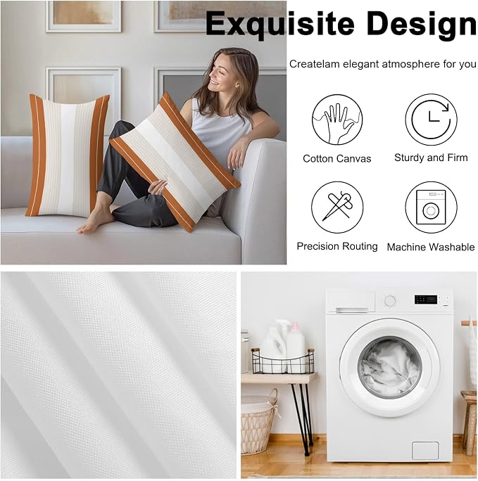 Orange Beige Stripe Outdoor Pillow Covers Waterproof, All Weather Cushion Case Set of 2, Modern Art Horizontal Striped Lumbar Pillowcase for Sofa Couch Bed Decor Patio Furniture 20"x12"