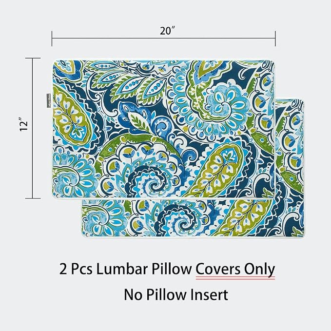 Magpie Fabrics Pack of 2 Outdoor Lumbar Pillow Case Covers 12"x20", Waterproof Rectangular Throw Pillowcase Shell Decorative Sham for Patio Garden Couch - Paisley Lapis Green