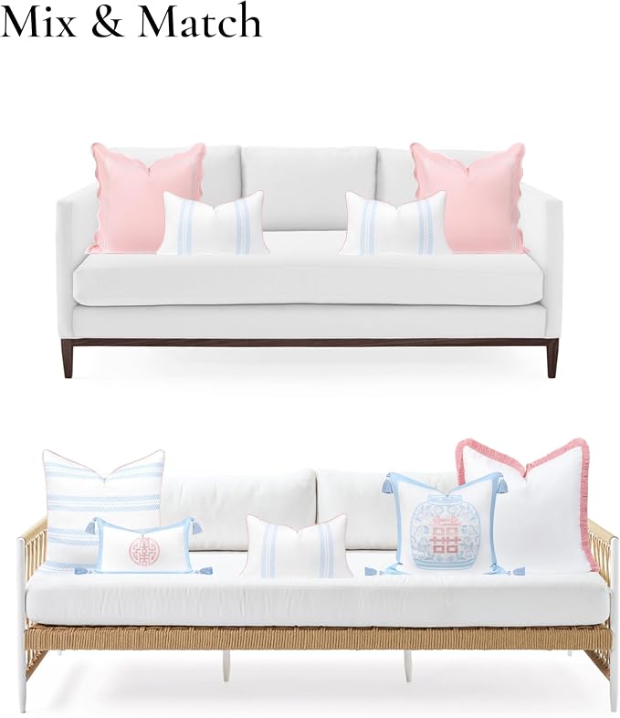 Hofdeco Premium Coastal Grandmillennial Patio Indoor Outdoor Lumbar Pillow Cover Only, 12"x20" Water Repellent for Backyard, Couch, Poolside, Baby Blue Pink Print Leaf Striped