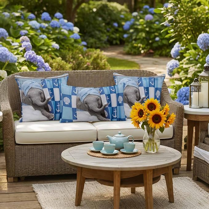 Bathing Elephant Waterproof Outdoor Pillow Covers Set of 2 Home Decor, Funny Animal Showering Pillowcase Patio Pillow Covers for Couch Bench Patio Furniture Garden 16x16in