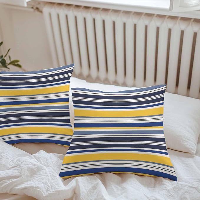 Outdoor Waterproof Throw Pillow Covers Set of 2 Yellow Stripes Lines Pillowcases 18x18 Inches Navy Blue Classic Striped Decorative Pillows Cushion Case Patio Pillows for Couch Bed Chair Garden