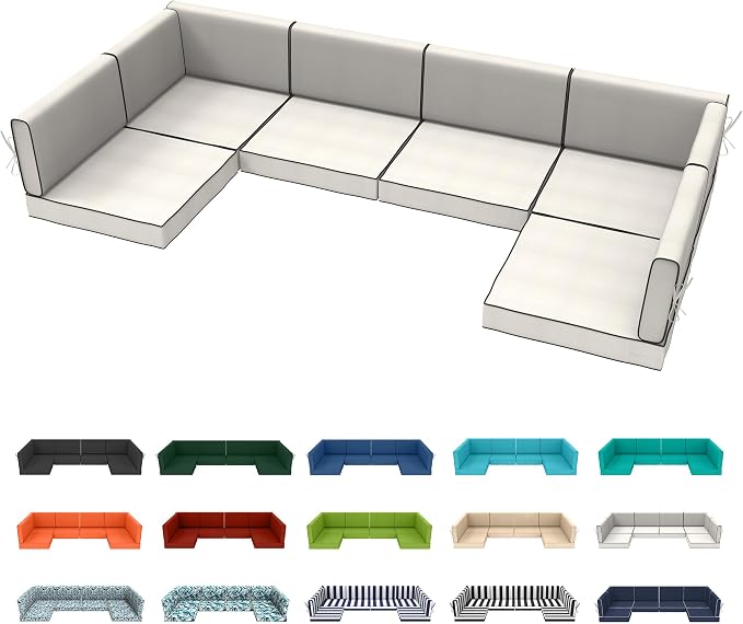 14pc Waterproof Outdoor Couch Cushions for 6 Seat Patio Cream+Black Piping | Water-resistant, UV-resistant,14pc High-Density Foam Replacement Cushions for 6-Seat Outdoor Sectional Furniture