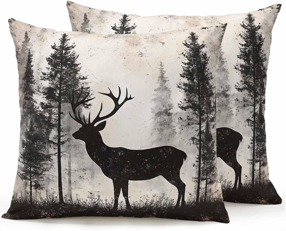 Outdoor Pillows Waterproof, Forest Deer Bedding Throw Pillows with Insert for Couch Sofa Bed, Rustic Country Wildlife Woodland Black Beige 18x18 Inch Pillowcases Camping Patio Pillow Set of 2