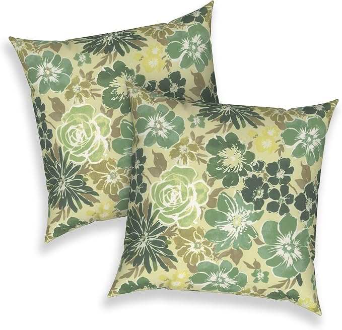 Outdoor Throw Pillows 16x16 Inch, Water Repellent Patio Pillows with Inners Set of 2 for Patio Furniture Home Graden, Green Rose