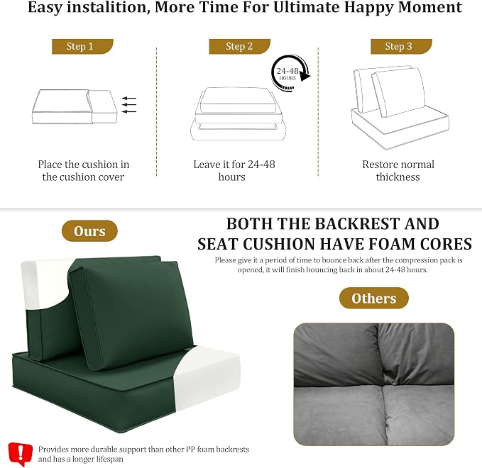 14pc Waterproof Outdoor Couch Cushions for 6 Seat Patio Dark Green | Water-resistant, UV-resistant,14pc High-Density Foam Replacement Cushions for 6-Seat Outdoor Sectional Furniture