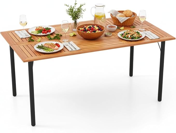 Tangkula 63" Acacia Wood Patio Dining Table for 6, Rectangular 6-Person Outdoor Dining Table with Metal Legs & Umbrella Hole, Indoor Outdoor Dining Furniture for Deck, Garden, Poolside & Backyard