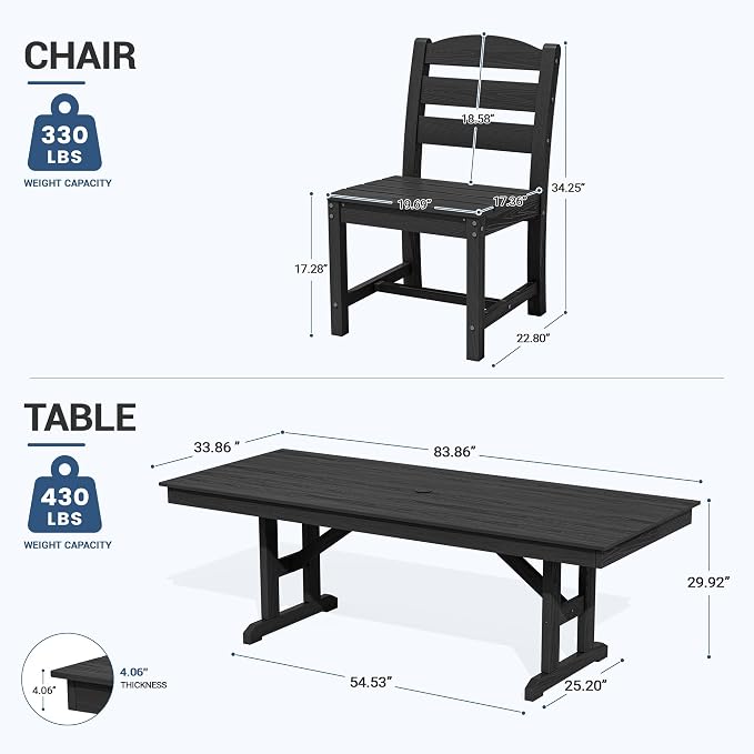 KINGYES Outdoor Armless Dining Chairs Set of 8,All-Weather HDPE Patio Chairs for Backyard,Pooside,Black