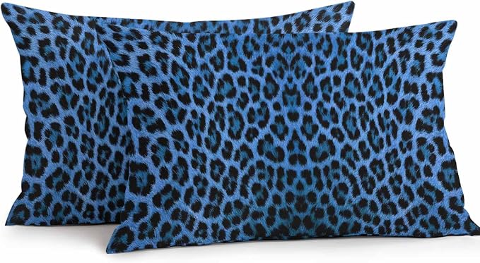 Vandarllin Outdoor Throw Pillows Covers 20x12 inch Set of 2 Waterproof Blue Leopard Print Decorative Zippered Cushion Covers for Patio Furniture, Retro Animal Fur Pattern Lumbar Pillowcases