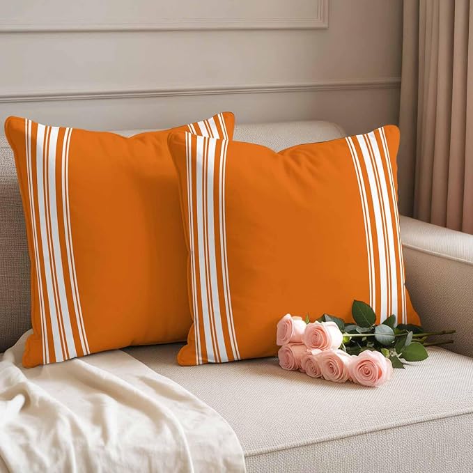 Outdoor Pillow Covers 20x20 Set of 2 Fall Orange Stripes Outdoor Pillows Waterproof Throw Pillow Covers French Stripe Farmhouse Style Pillowcases Decorative Case for Patio Cushion