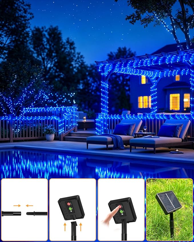 btfarm 2 Pack Solar Rope Lights Outdoor, Total 92FT 240LED Solar String Lights Outside Waterproof, 8 Lighting Mode Solar Powered Trampoline Light for Garden Tree Christmas Yard Party Decor, Blue