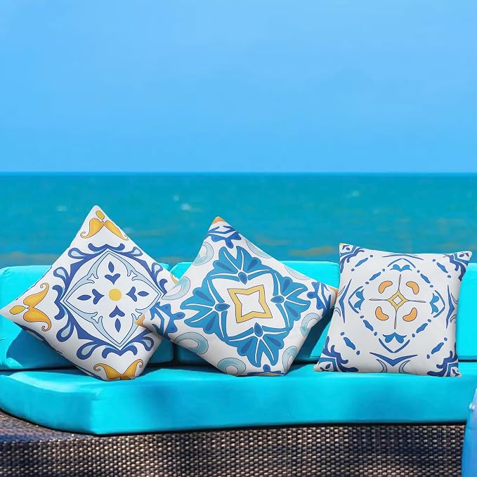 JASEN Outdoor Waterproof Pillow Covers, Blue Floral Outdoor Throw Pillow Cover Set of 4, Boho Double-Sided Decorative Outside Throw Pillows for Patio Furniture Porch Garden Couch