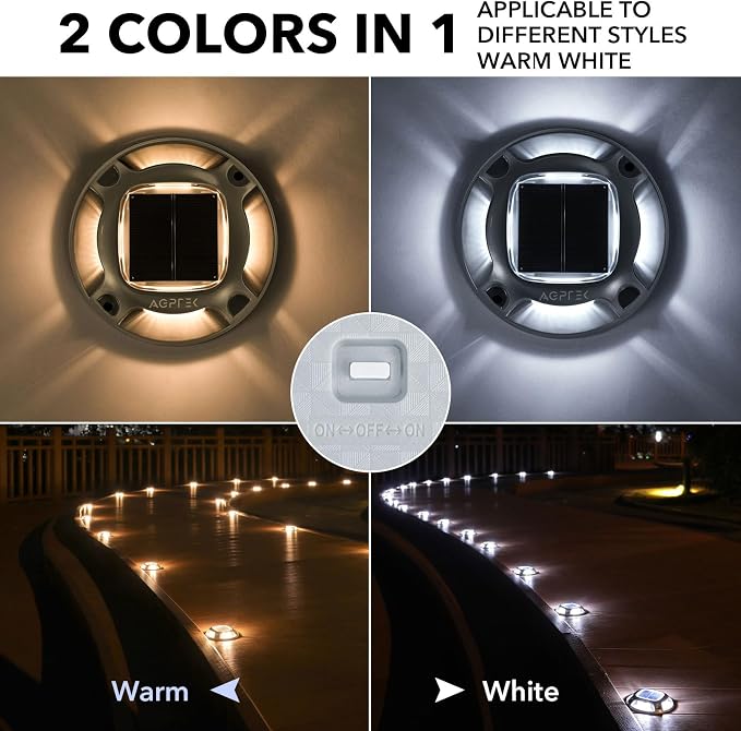 AGPTEK Solar Driveway Light Outdoor 1 Pack, 2 Color Modes LED Deck Dock | Marine Waterproof Driveway Marker Lights for Step Sidewalk Stair Garden Pathway Walkway Yard (Warm White/Cool White)