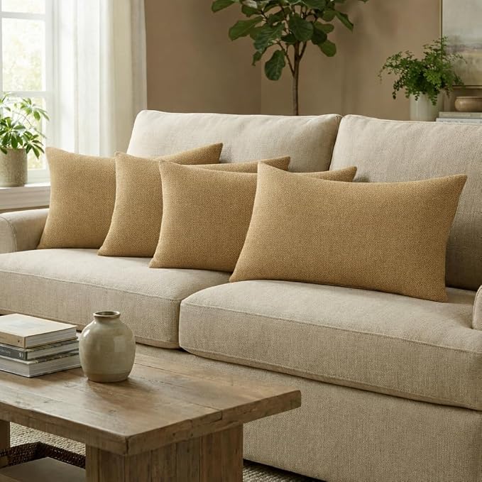 RSH DECOR: Sunbrella 26" x 16" Lumbar Throw Pillows Set of 4 | Water and Fade-Resistant Performance Fabric | Outdoor Pillow Covers with Down-Alternative Inserts | Made in USA (Sailcloth Sienna Tan)