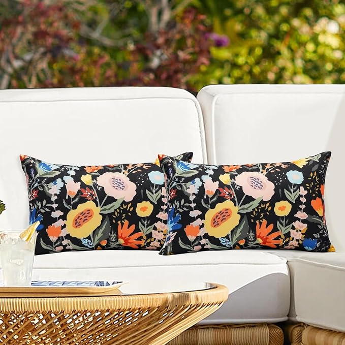 Pack of 2 Waterproof Outdoor Throw Pillows Cover 12x20 Inch Colorful Floral Decorative Farmhouse Rectangle Pillowcases Outdoor Lumbar Pillows for Patio Furniture Garden,Black Flower