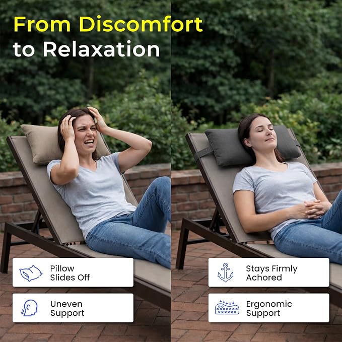 Sunbrella Headrest/Lumbar Pillow with Velcro Strap for Lounge, Charcoal | Outdoor Pillow for Chaise Loungers, Pool Chairs & Patio Furniture, 18" x 8" x 3"