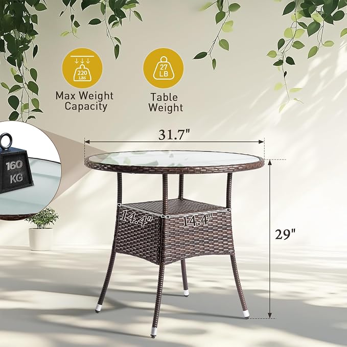 VINGLI 32" Outdoor Dining Table, Wicker Round Patio Table Tempered Glass Patio Dining Table Outdoor Table for Balcony Garden Deck and Porch, Brown