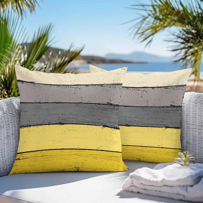 Outdoor Throw Pillow Covers 24X24 Set of 2 Waterproof Ombre Lemon Yellow and Gray Decorative Zippered Cushion Covers for Patio Furniture, Farmhouse Retro Rustic Barn Wood Texture Lumbar Pillowcases