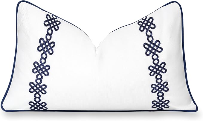 Hofdeco Premium Coastal Hampton Patio Indoor Outdoor Lumbar Pillow Cover Only, 12"x20" Water Repellent for Backyard, Couch, Poolside, Navy Blue Embroidered Chinoise Lucky Knots