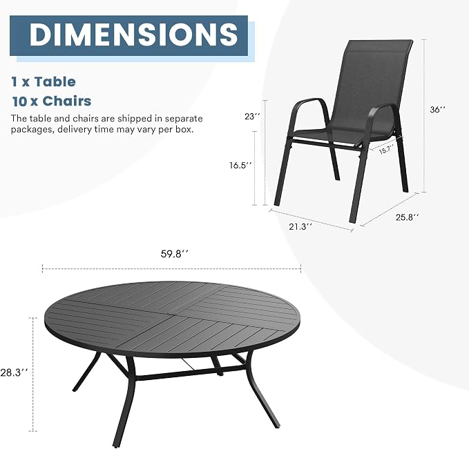 DIFY 11 Piece Outdoor Dining Set, 60" Black Round Metal Dining Table and Dark Grey Textilene Stackable Patio Chairs, Patio Table and Chairs Set for 10 with Umbrella Hole for Backyard Garden Deck
