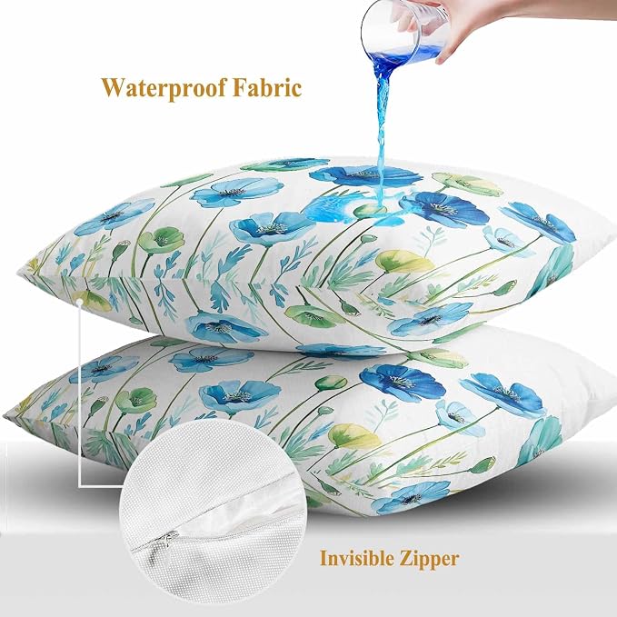Spring Floral Outdoor Waterproof Throw Pillow Covers Set of 2, 24"x24", Watercolor Blue Poppy Flower Decorative Pillow Covers Outside Cushion Case for Patio Porch Garden