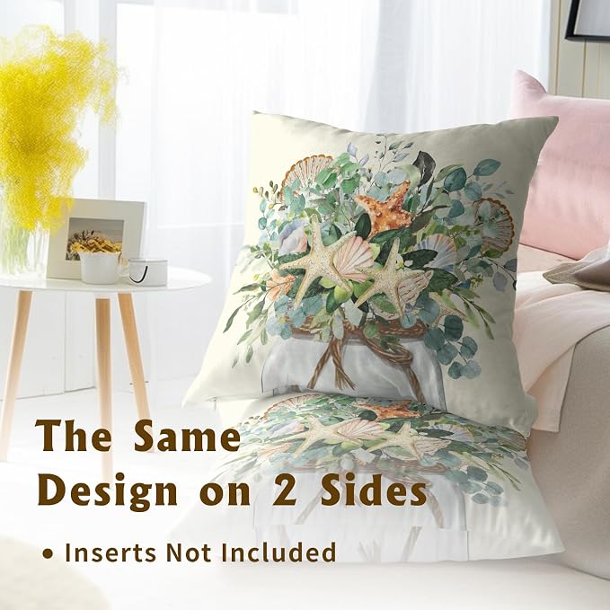 Eucalyptus Leaves Starfish Pillow Covers 16 x 16 Inches Set of 2,Summer Floral Coastal Seasonal Decoration Cushion Cover Pillowcase for Sofa Couch Indoor Outdoor Home Decor