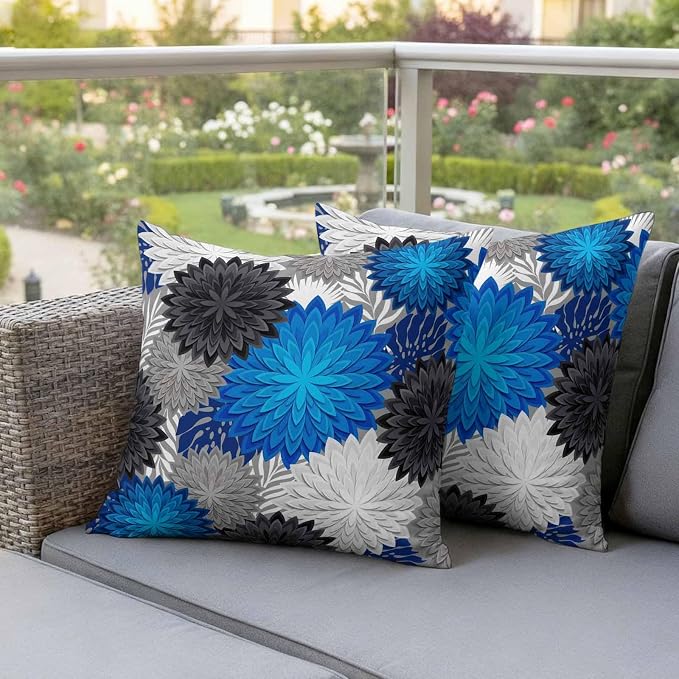 Blue Black Grey Flowers Outdoor Pillow Covers Waterproof, All Weather Cushion Case Set of 2, Boho Colorful Floral Plant Decorative Pillowcases for Sofa Couch Bed Decor Patio Furniture 16"x16"