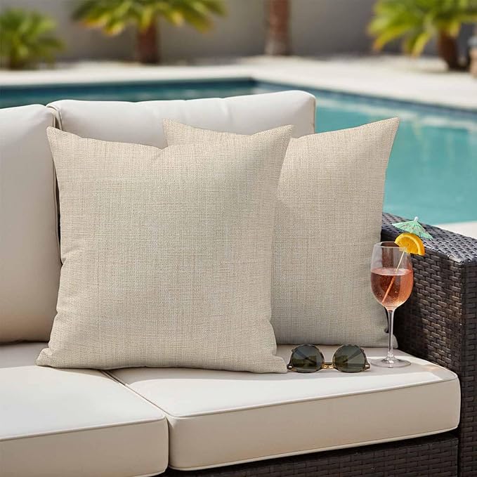 Vintage Cream Waterproof Outdoor Pillow Covers 24''x24'' Set of 2, Farmhouse Retro Beige Patio Furniture Linen Texture Cushion Covers for Chairs, Decorative Solid Color Pillow Cases for Garden/Pool