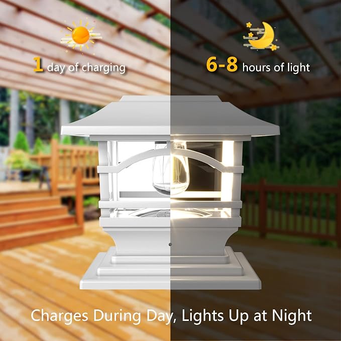 Edison Solar Outdoor Post Cap Lights - 4x4 5x5 6x6 - Bright LED Light for Fence Deck Garden or Patio Posts - Pearl White (2 Pack) | Pearl White, fence/deck/garden/patio posts, diecast aluminum & glass, bright 30lm warm white LED, auto-on, 8h, cordless,...
